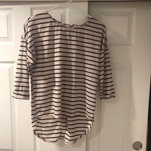 Tan and purple striped shirt, button down back